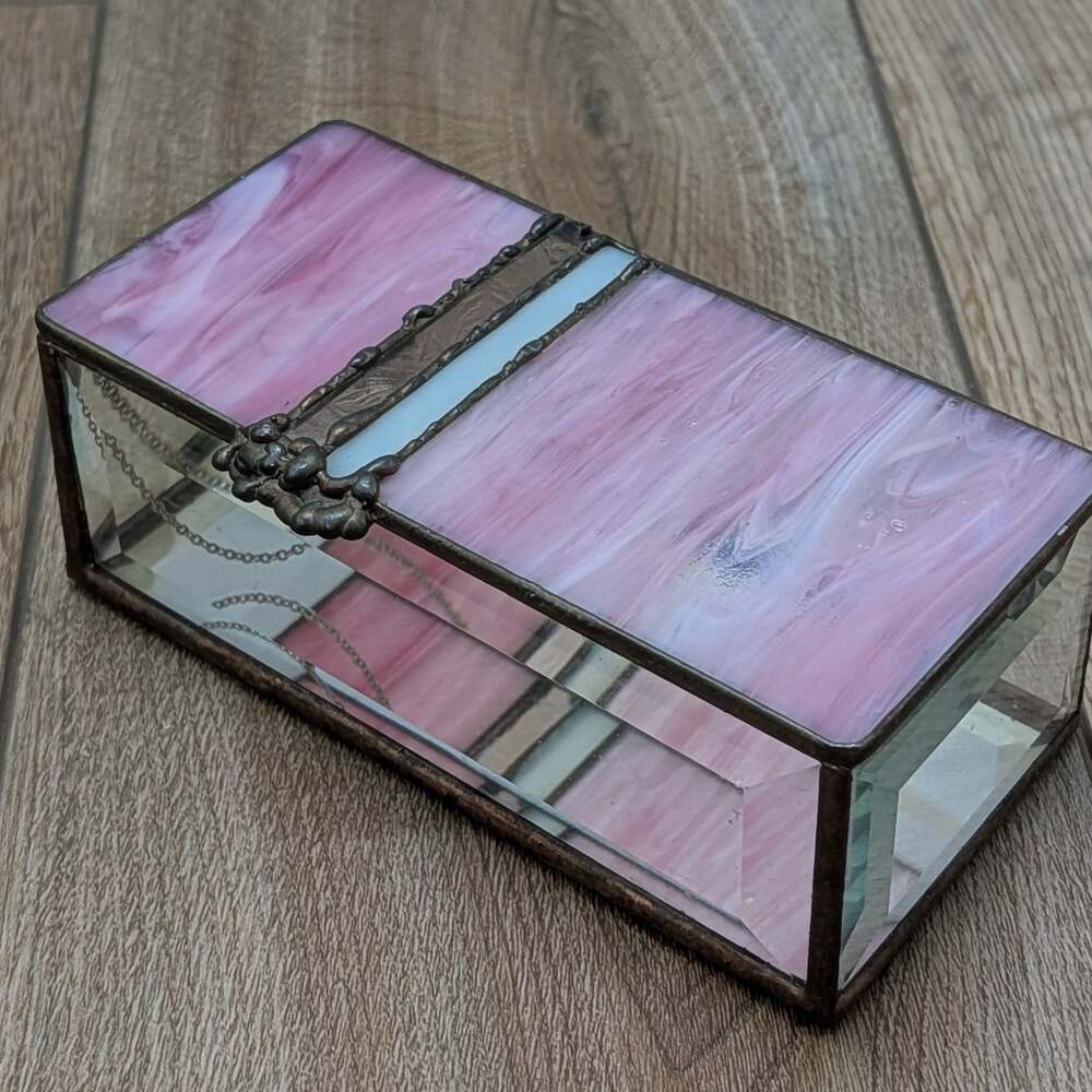 Vintage Stained Glass Jewelry Box with Pink Swirl Art Glass Lid and Mirrored Bot
